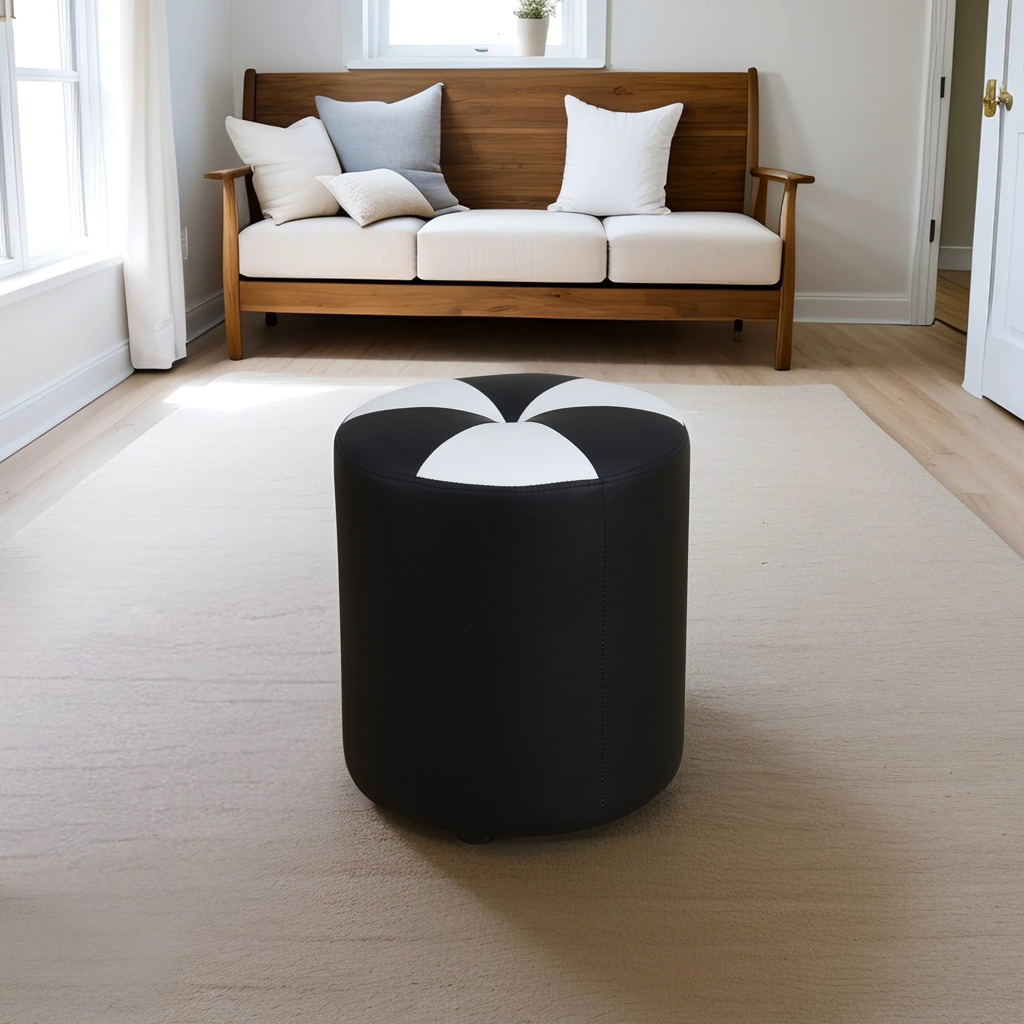 Black Faux Leather Round Ottoman