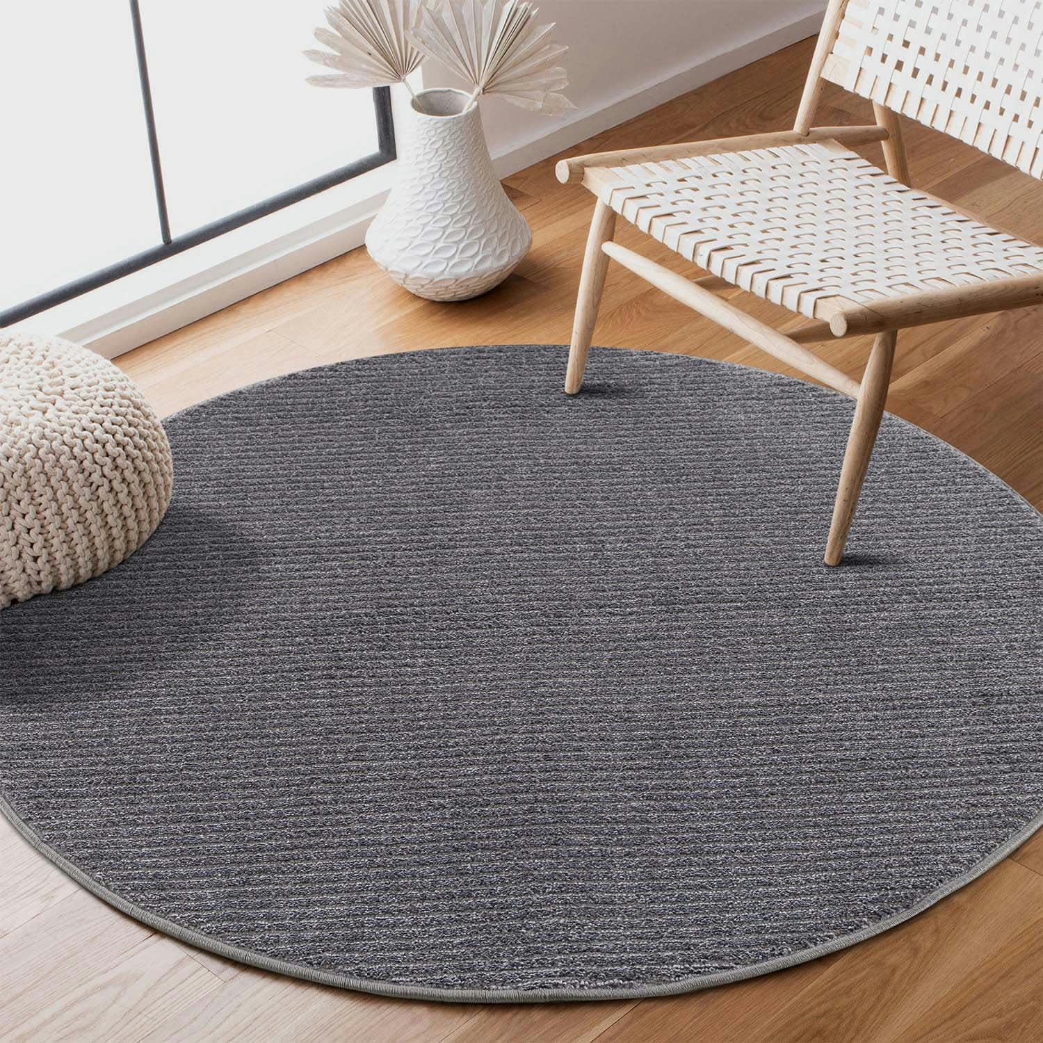TARA - Tapis rond uni gris à relief linéaire 120x120cm