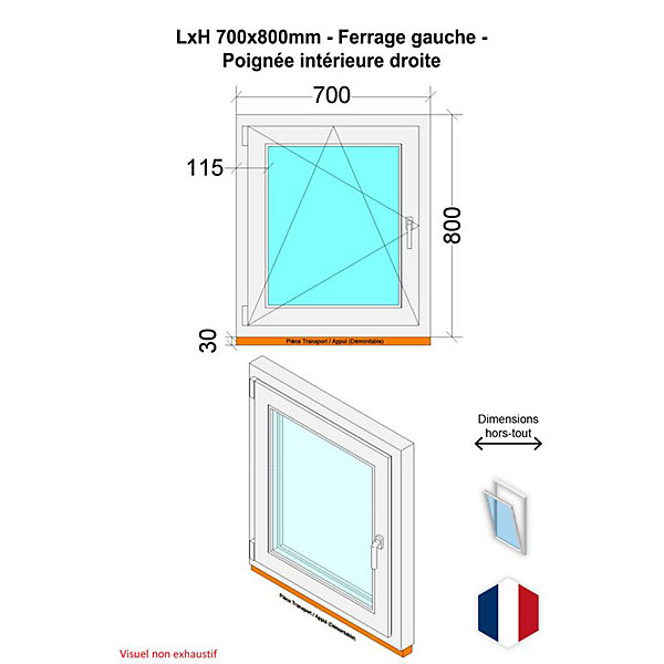 Fenêtre PVC - LxH 700x800 mm -Triple Vitrage - Bicolore blanc int/anthracite ext-poignée à droite