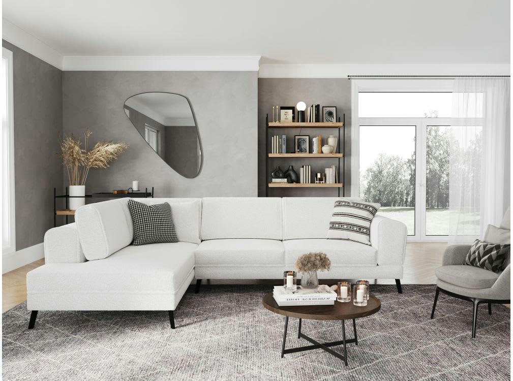 INDIA - Canapé d'angle droit convertible 2 coffres - tissu bouclette - Blanc