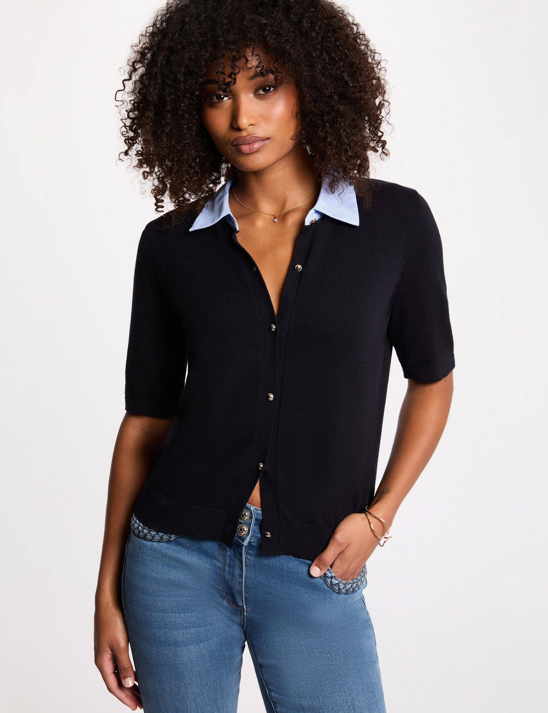 Sweater With A Folded Collar Navy Blue Women