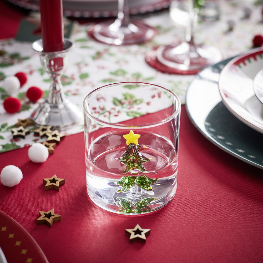Verre No&euml;l transparent avec centre sapin 3D Ø8xH8,5cm