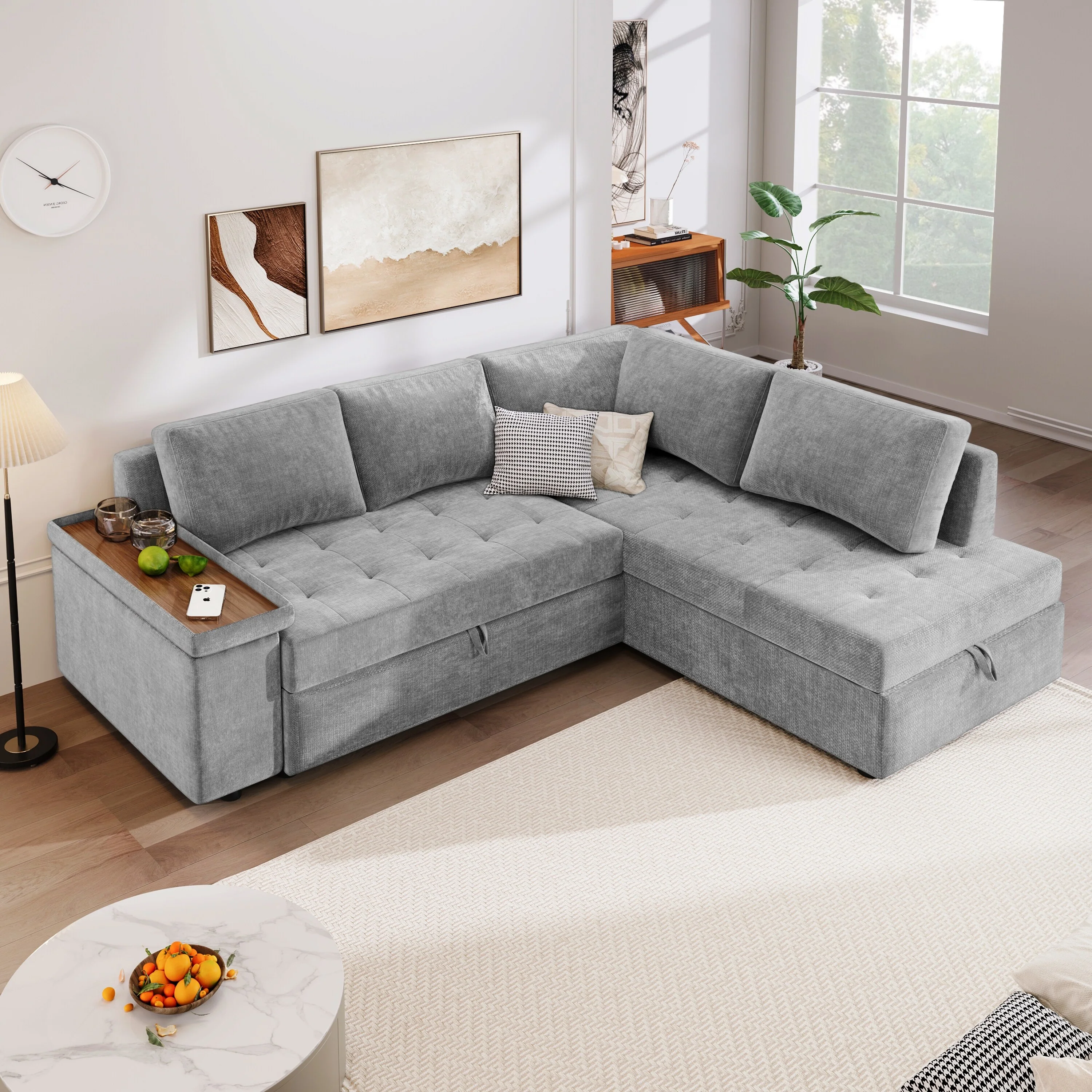 Christopher Knight Home-Miranda Convertible Polyester Sectional Sofa with Storage and Reversible Tray