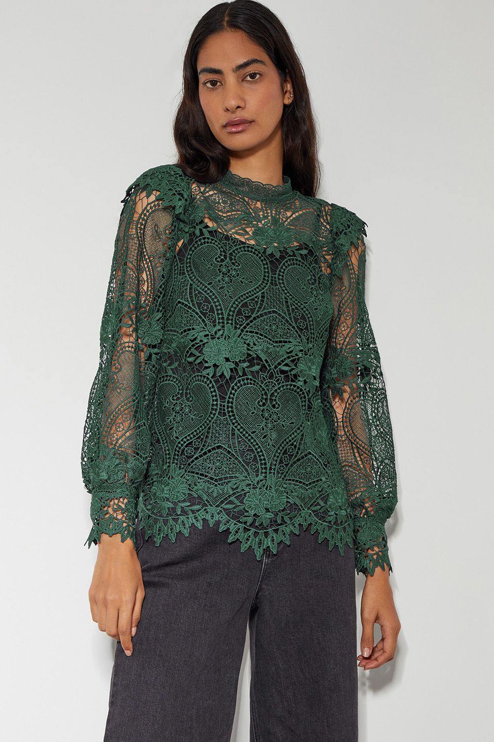Monsoon Lucy Lace Long Sleeve Blouse Teal