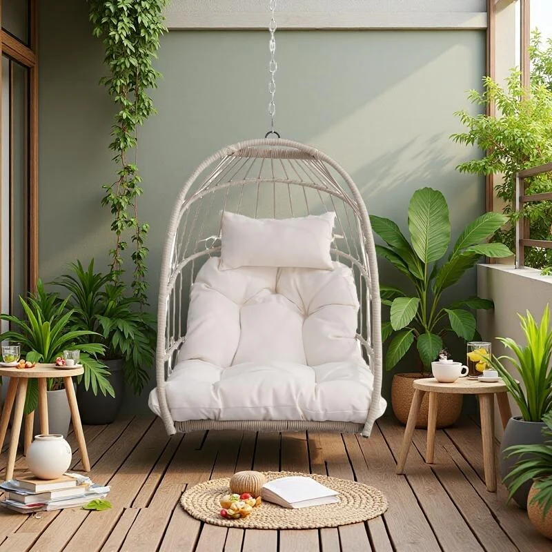 Foldable PE Wicker Hanging Chair with Removable Cushion and Weather-Resistant Design (Outdoor/Indoor Use)