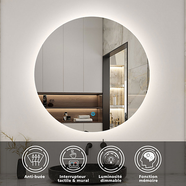 Miroir de salle de bain LED rond 60 cm avec rétro-éclairage sans cadre, anti-buée   mémoire   dimmable, AICA SANITAIRE