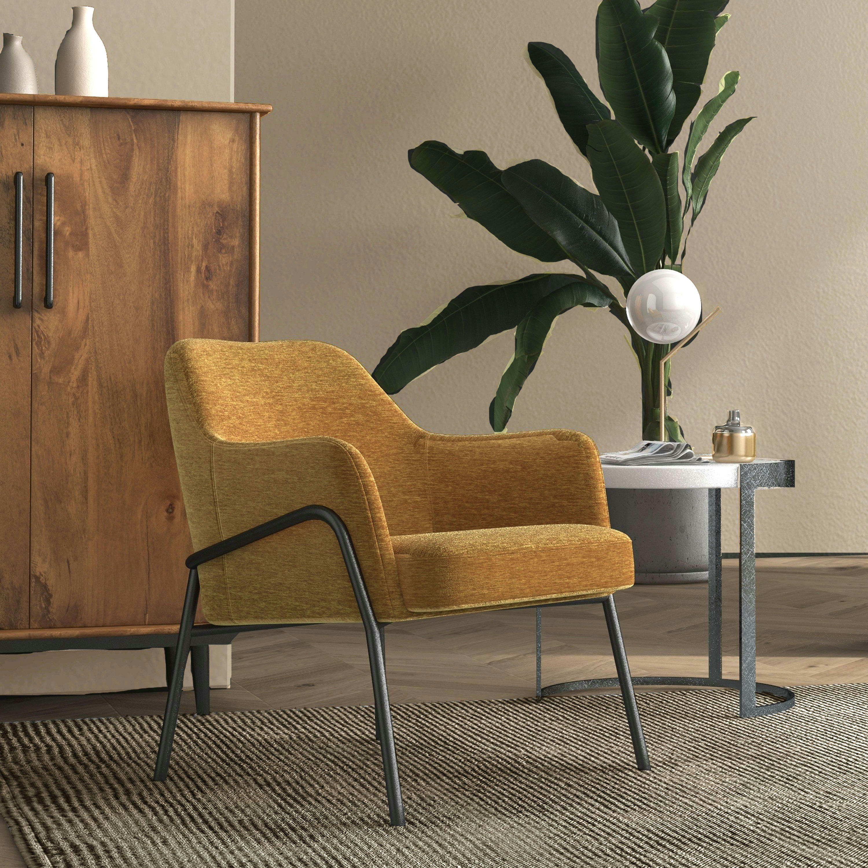 LAYTON - Fauteuil lounge, tissu chenillé Moutarde et métal noir mat