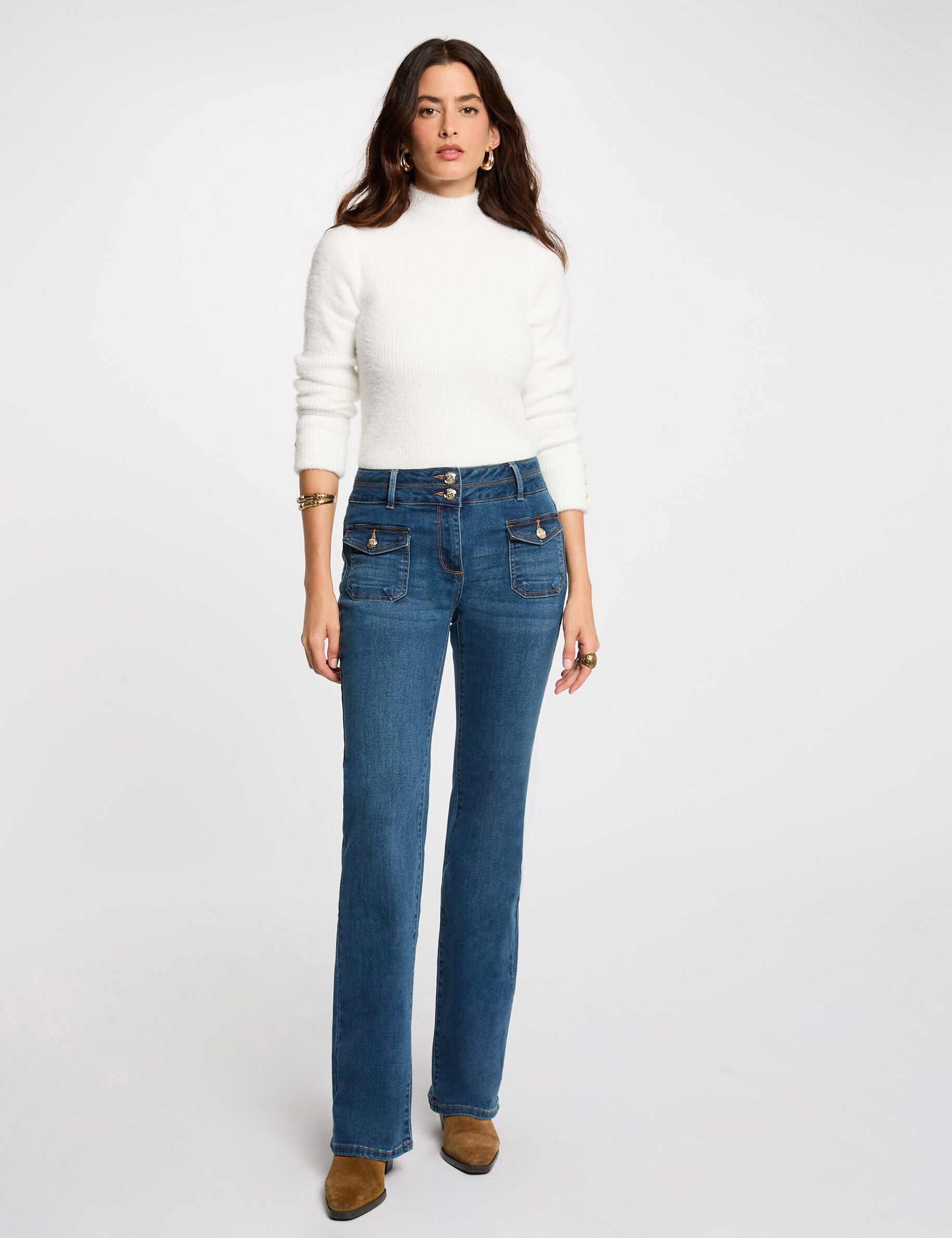 Bootcut Jeans Pockets Buttons Denim Stone Women