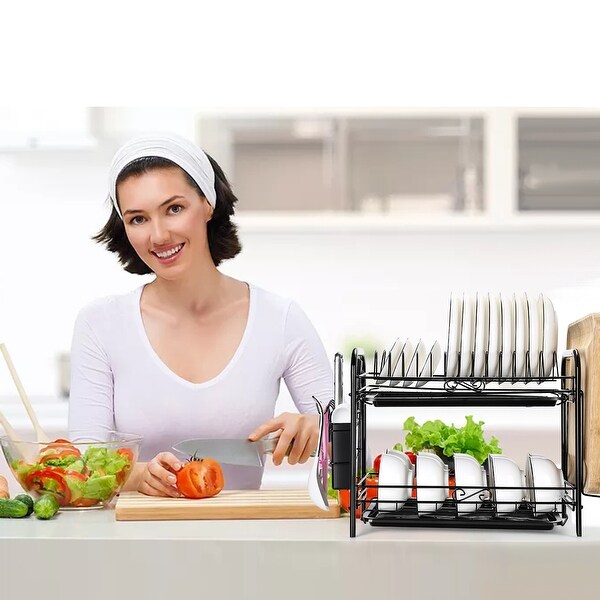 Large Capacity Dish Rack 2 Tier w/ Utensil Holder Drainer Drying Kitchen Storage - L