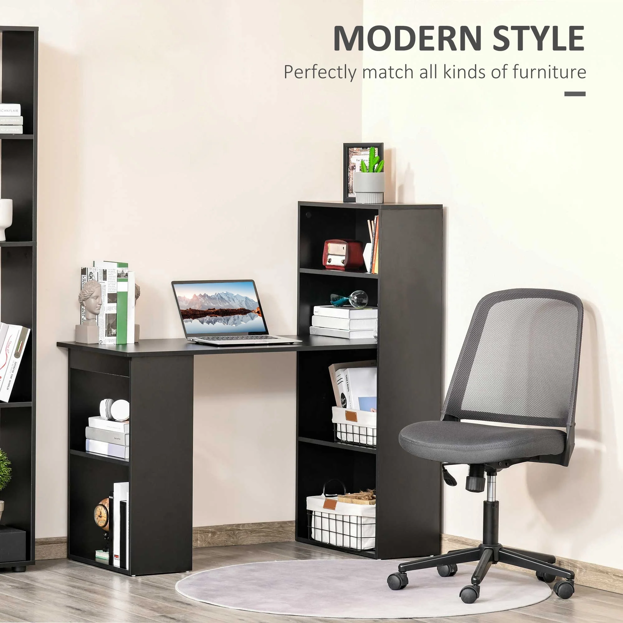 Modern Home Office Desk with 6-Tier Storage Shelves