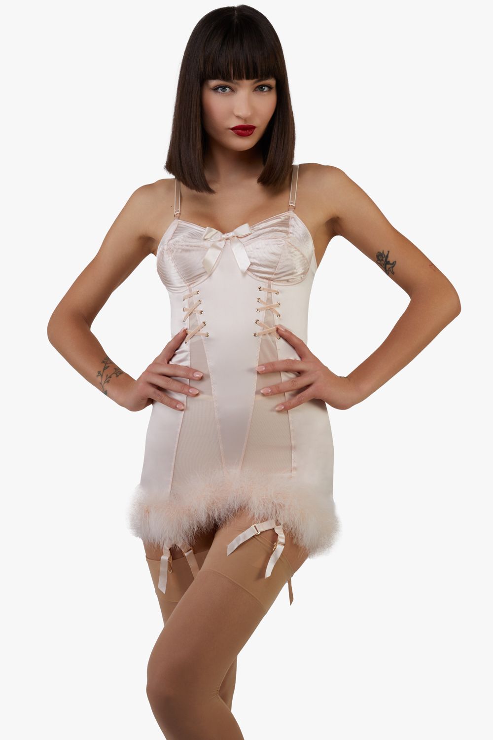 Playful Promises Elsie Peach Spiral Cup Feather Hem Corselette Slip