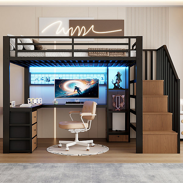 Lit Mezzanine 90x200 cm - avec LED, Bureau et 4 Tiroirs de Rangement - sans Matelas - Métal - Noir