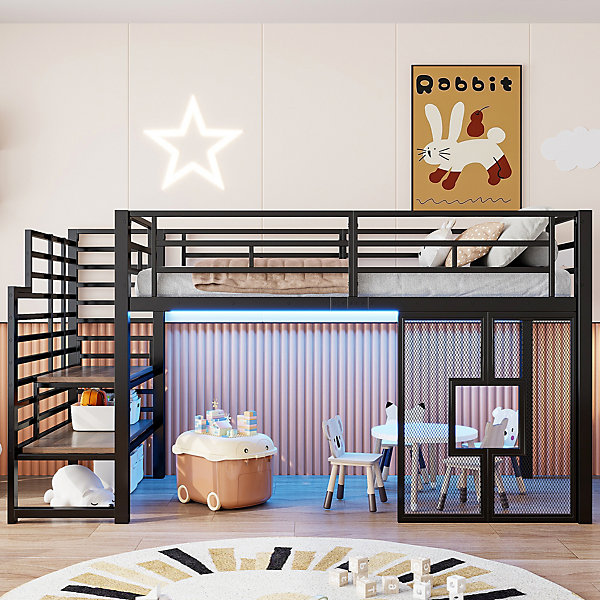 Lit mezzanine en métal 90x200cm - Avec escalier de rangement - Avec éclairage LED - Design fenêtre - Noir ( sans matelas )