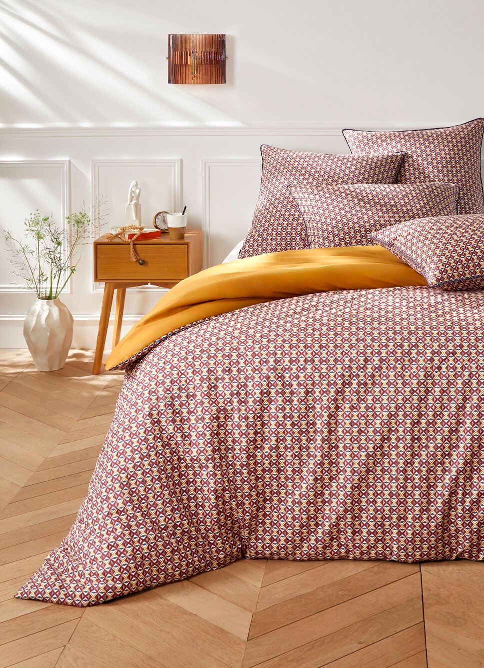 HOUSSE DE COUETTE EN COTON IMPRIMÉ GÉOMÉTRIQUE BORDEAUX