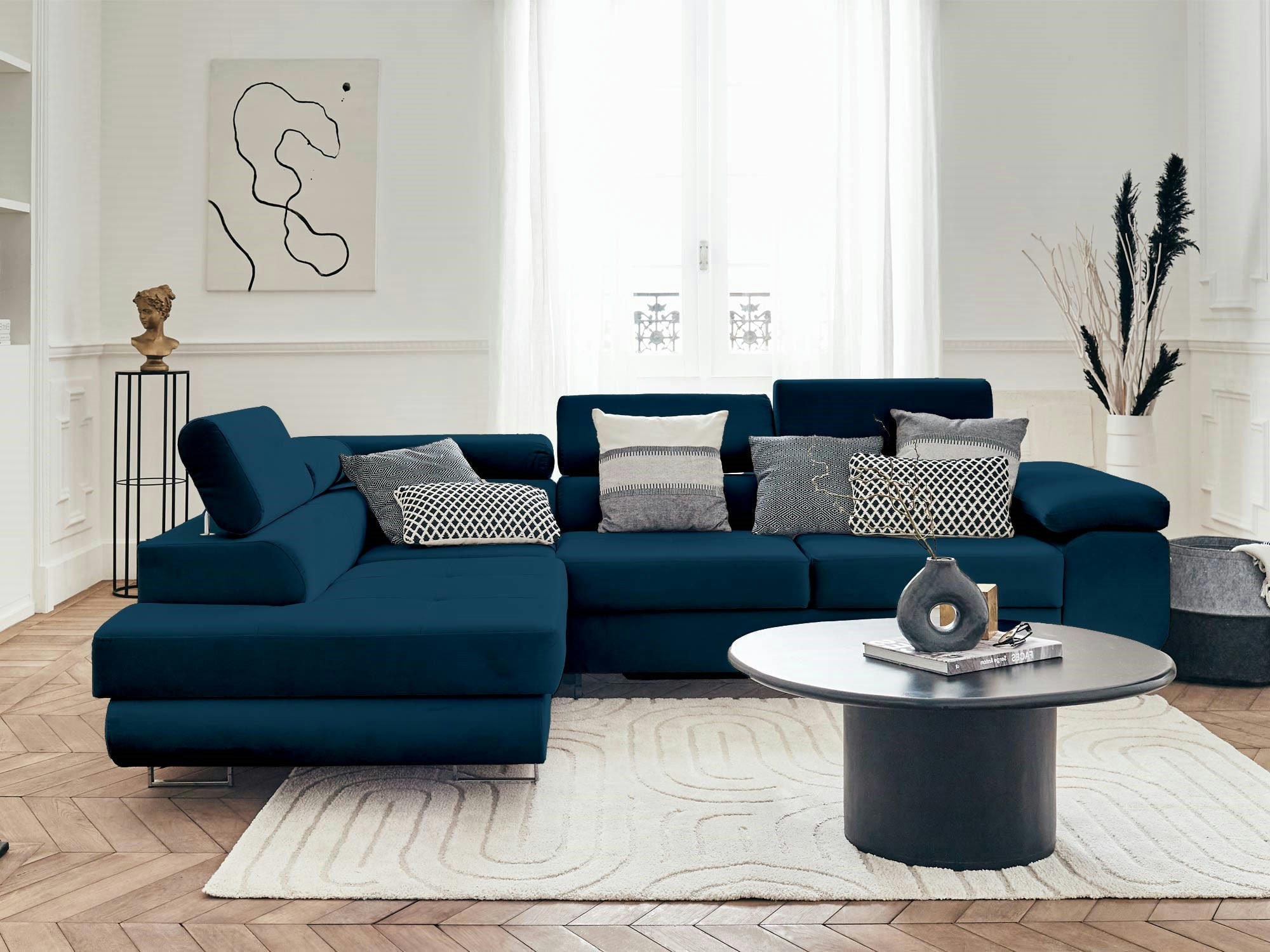 PABLO - Canapé d'angle gauche convertible 5 places en velours bleu nuit