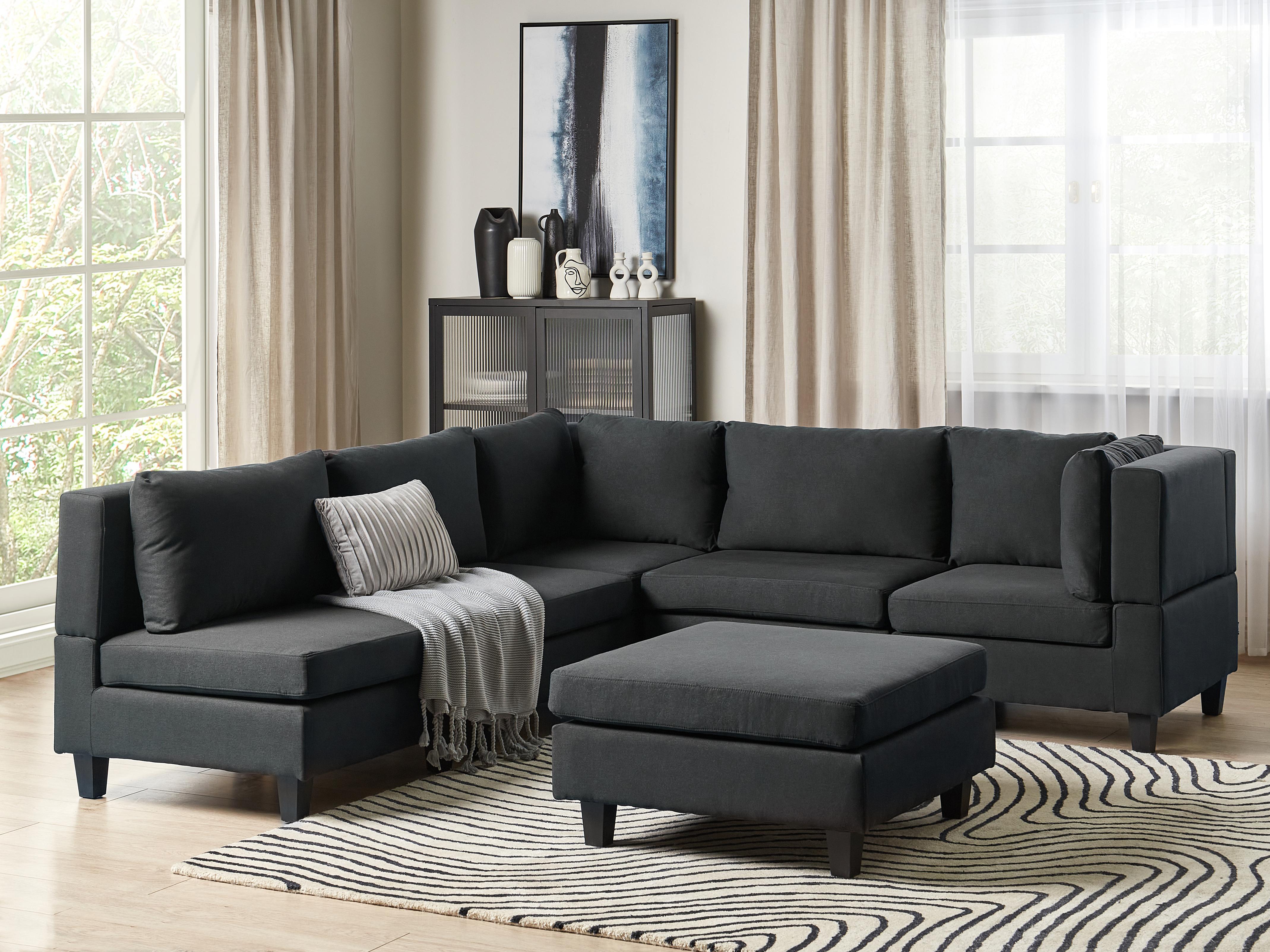 Modular Corner Sofa 5 Seater UNSTAD Fabric Black with Ottoman Left Hand