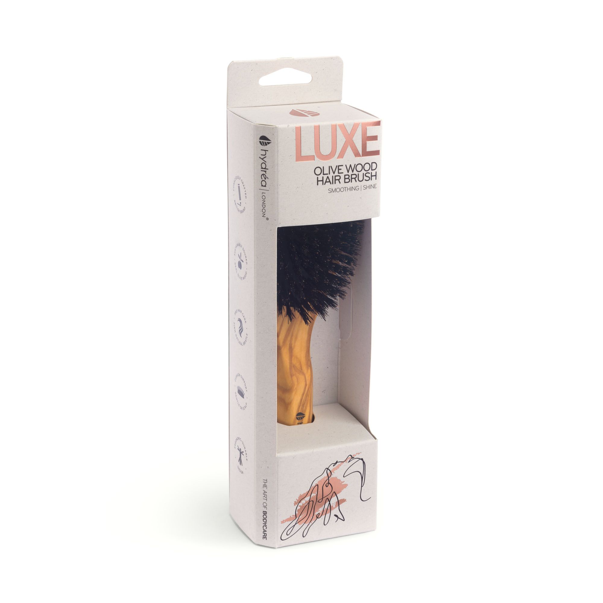 Hydrea London Luxe Olive Wood Hair Brush with Boar Bristles and Rubber Cushion for Smooth Shine