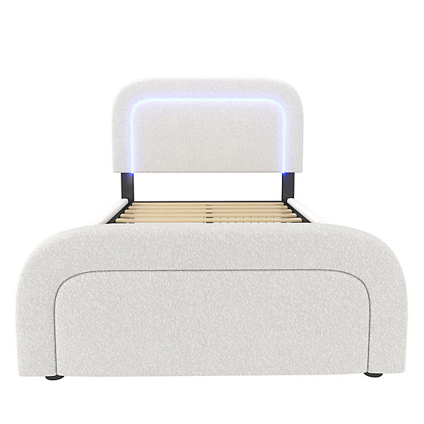 Lit adulte lit 90x200 cm lit rembourré lit éclairage led lit 2 tiroirs lit sommier à lattes en bois Single sherpa blanc