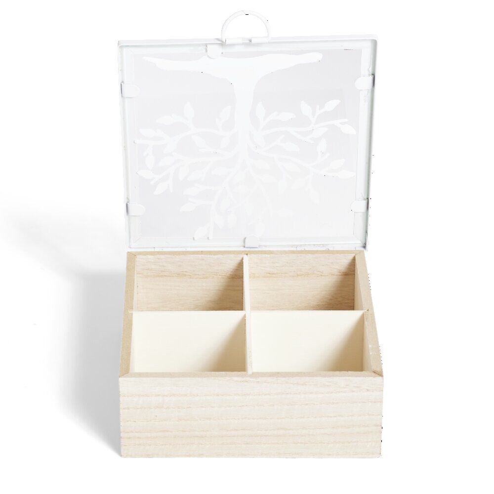 BoÎte bois et métal beige et blanc motif arbre 16x16x6cm