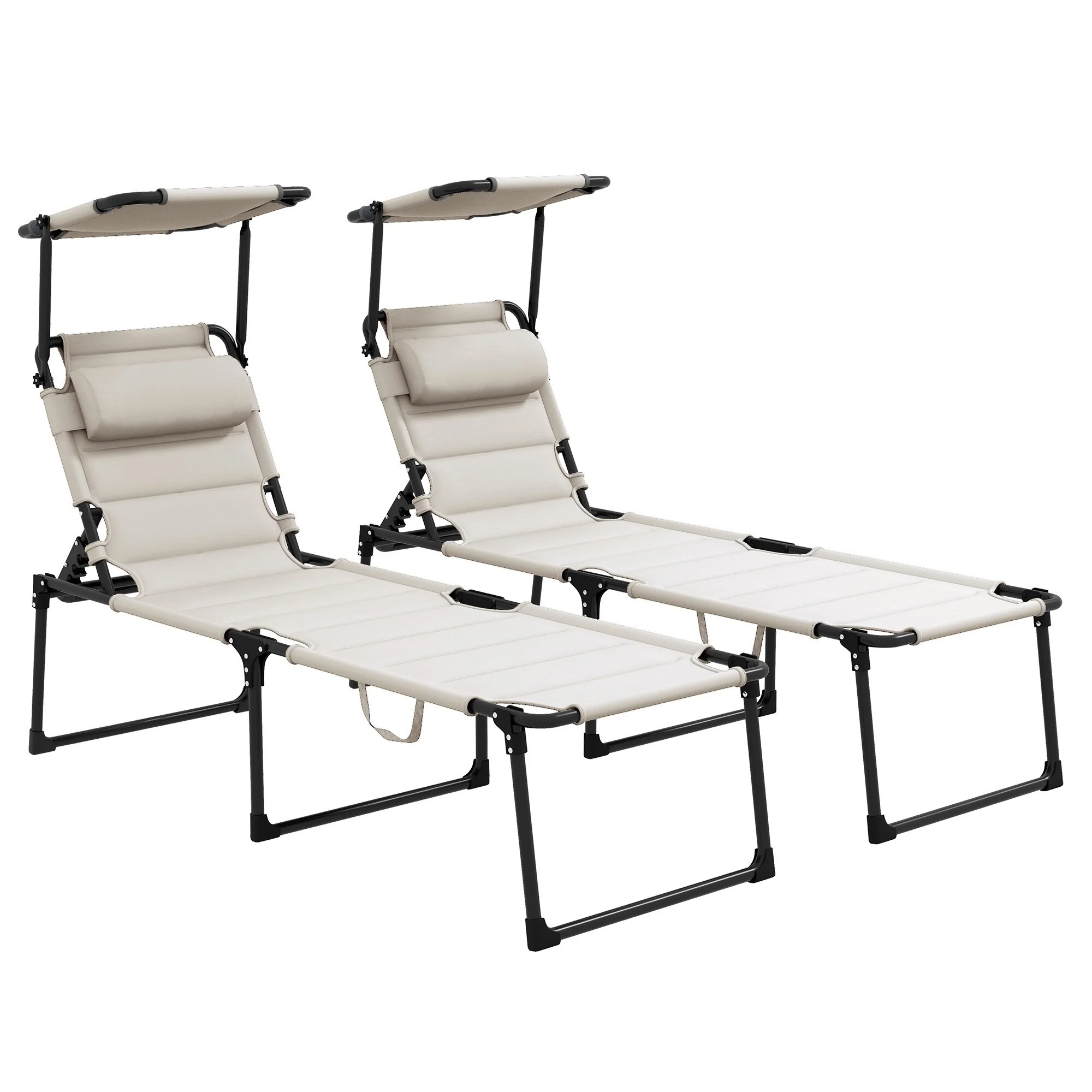 2-Pcs Outdoor Reclining Chairs with Awning and 4-Level Adjustable, Foldable Chaise Lounge with a Tri-fold Design
