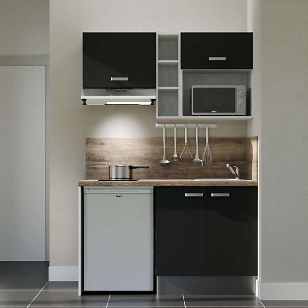 Kitchenette K13 façades Noir - Plan de travail Bois - Crédences : Oui - Evier inox - Electroménager Inox inclus