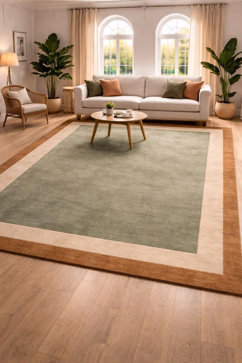 Sage Green Wool Area Rug, Hand Tufted Bordered Carpet, Modern Living Room Rug