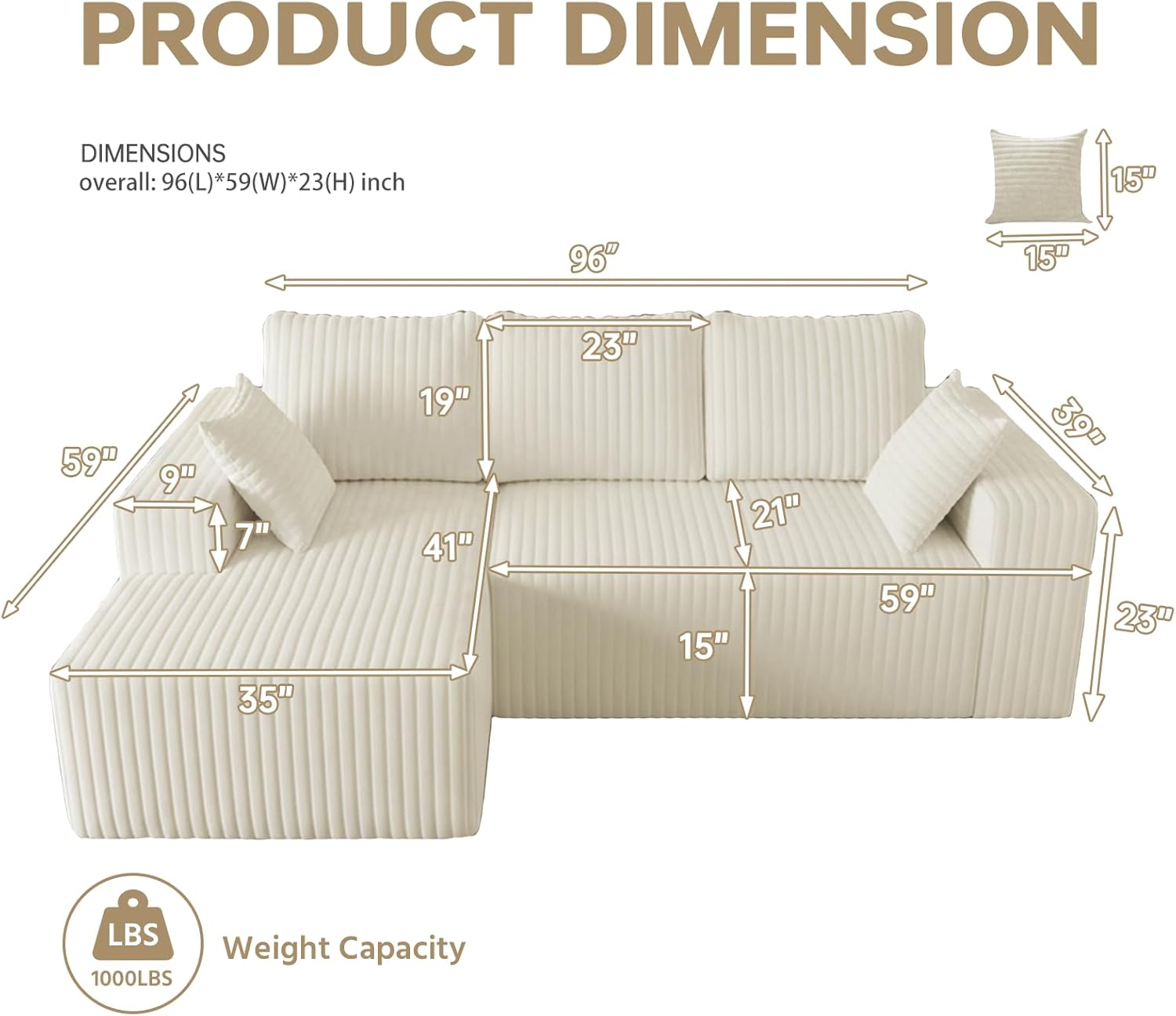 Beige Boneless Cloud Couches for Living Room L Shapes 3 Seater Sectional Sofa with Chaise Lounge, Comfy Flannel Fabric Memory Foam Couch Including Throw Pillow and Backrest - Removable Washable, 96
