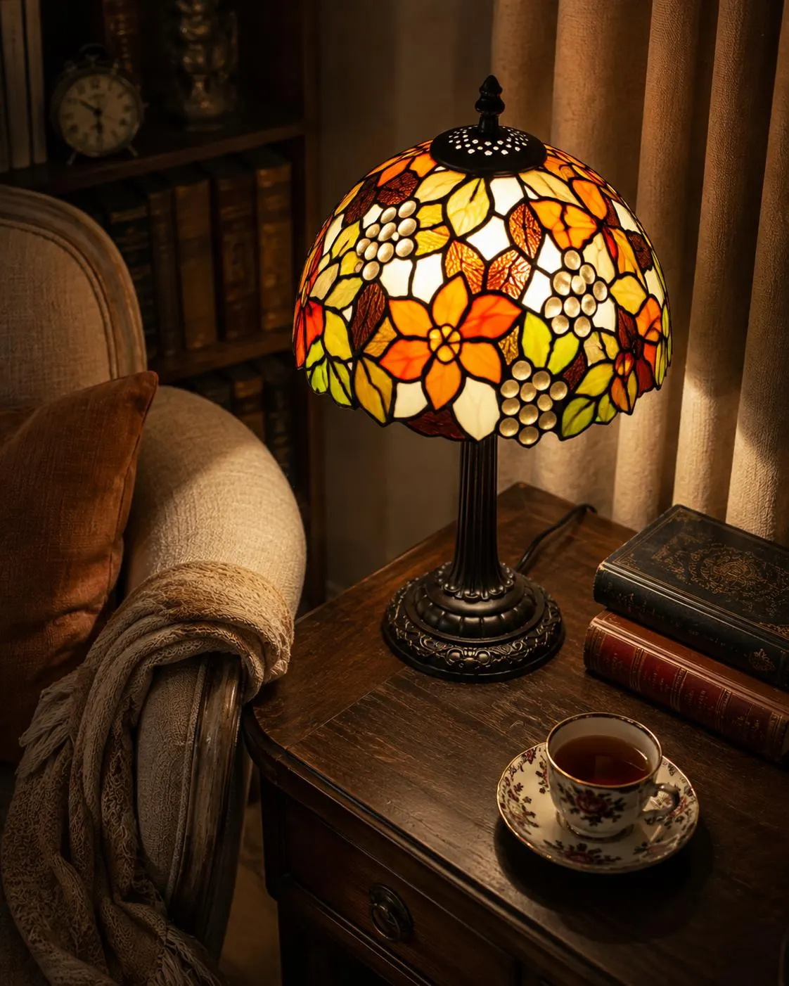 Vintage Stained Glass Table Lamp, Maple Leaf Bedside Light, Botanical Desk Lamp, Warm Amber Reading Lamp, 8 Inch Shade