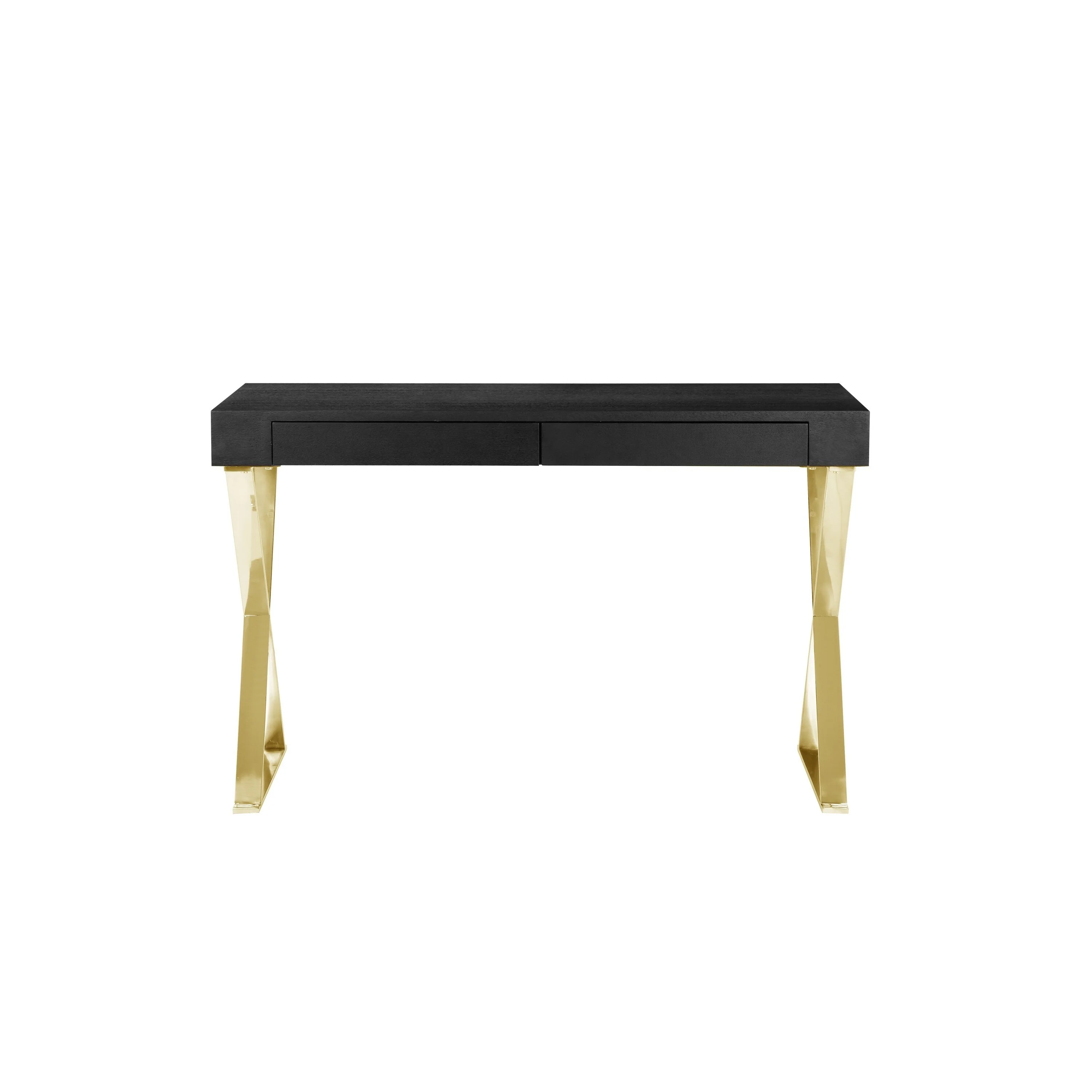 Ada Office Desk, 2 Drawers, Black Wood and Gold X Steel Legs, 47 Inch