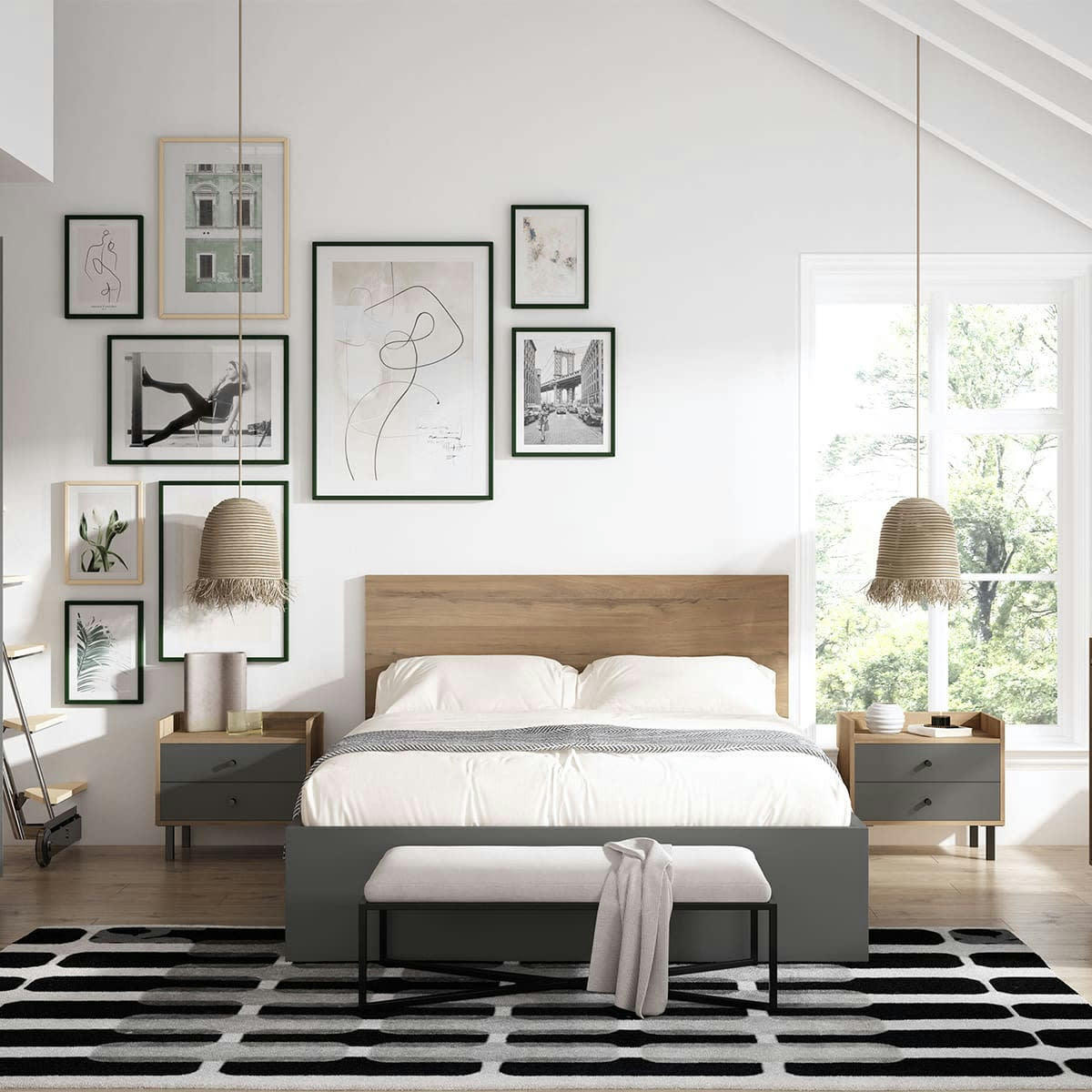 AURELIA - Lit coffre 160x200 cm gris anthracite avec tête de lit effet noyer