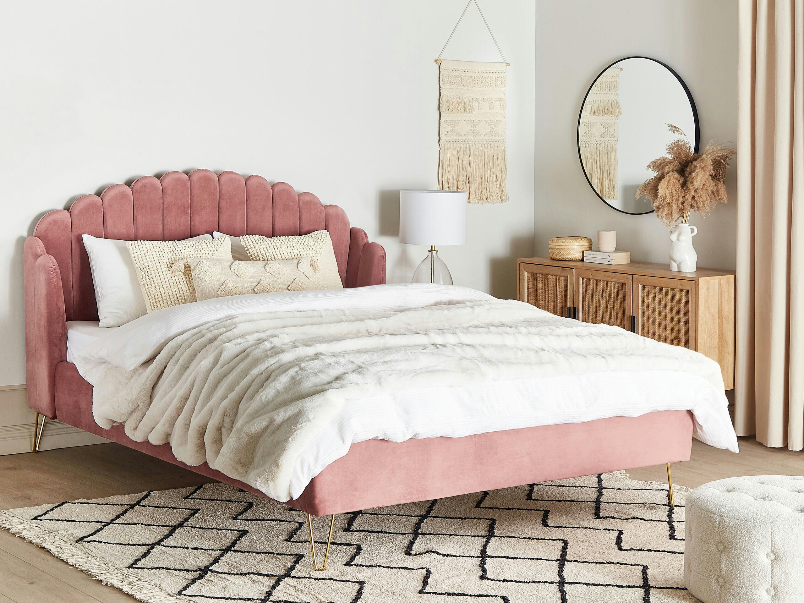 AMBILLOU - Lit double en tissu rose 180x200
