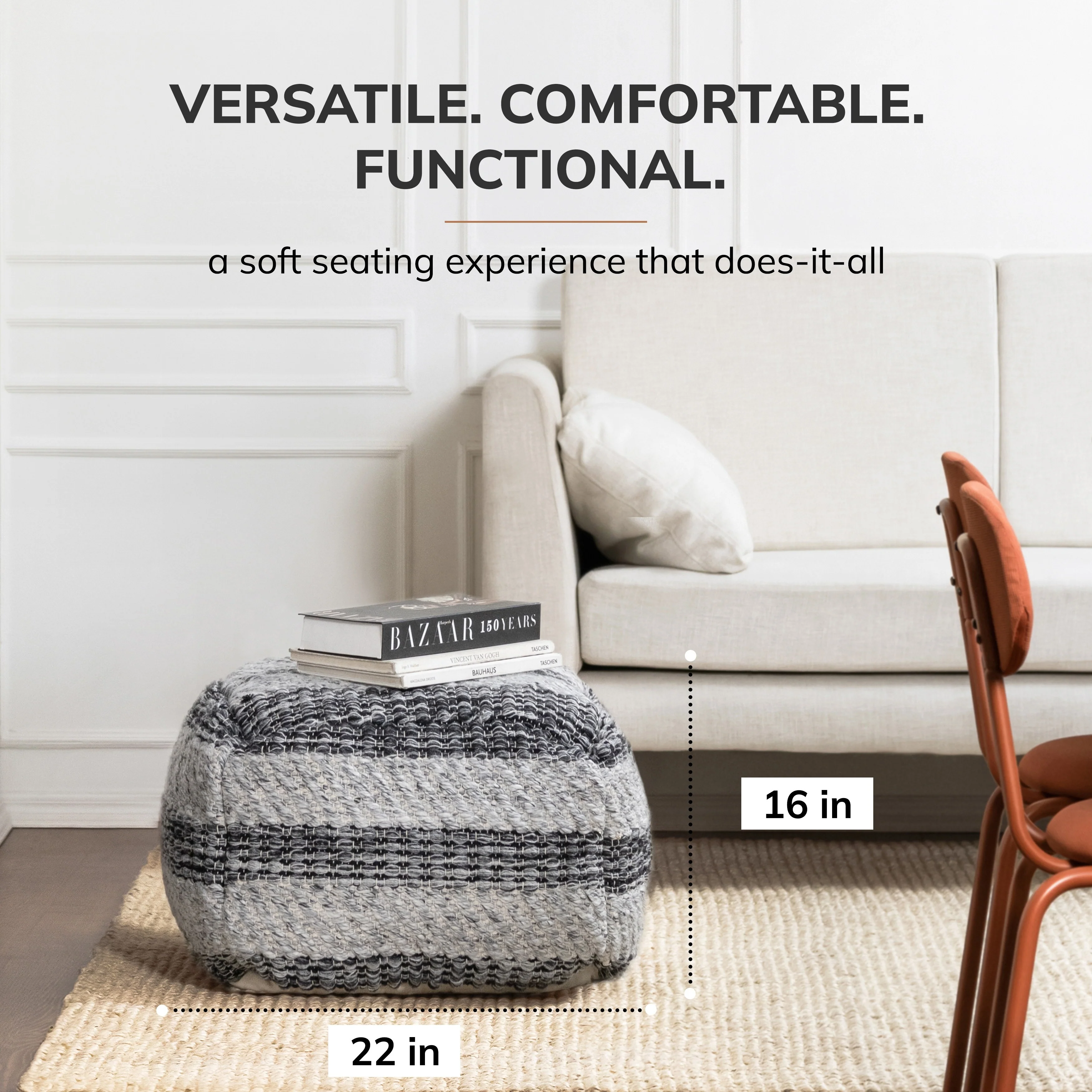 Jani Grey Striped Handwoven 24-inch Square Pouf Ottoman - Stylish Footrest for Living Room, Bedroom