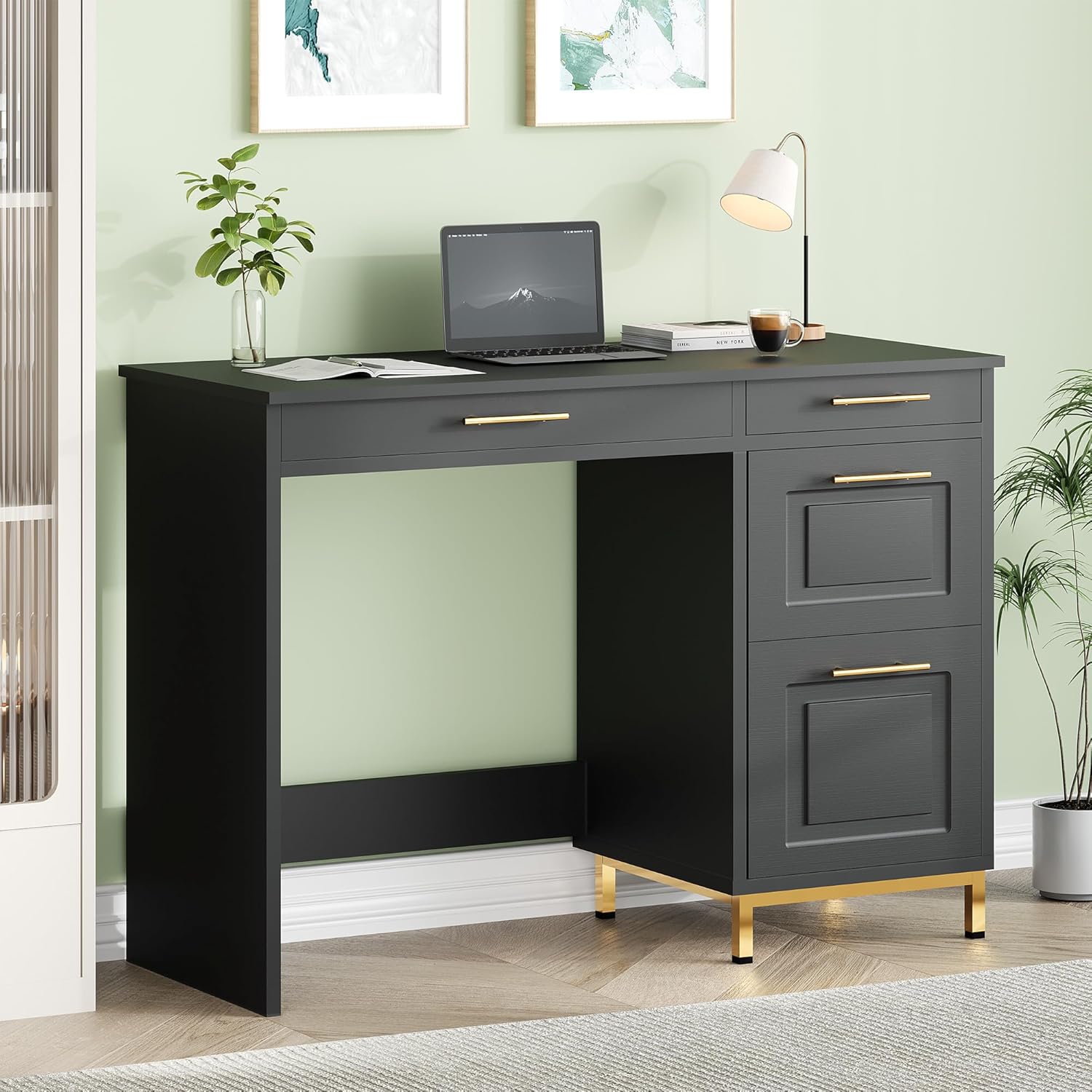 4 EVER WINNER Small Desk with Drawers, 43 Inch Wood Computer Desk with Storage and Golden Handle, Home Office Desk for Bedroom, Small Spaces, Black and Gold Desk