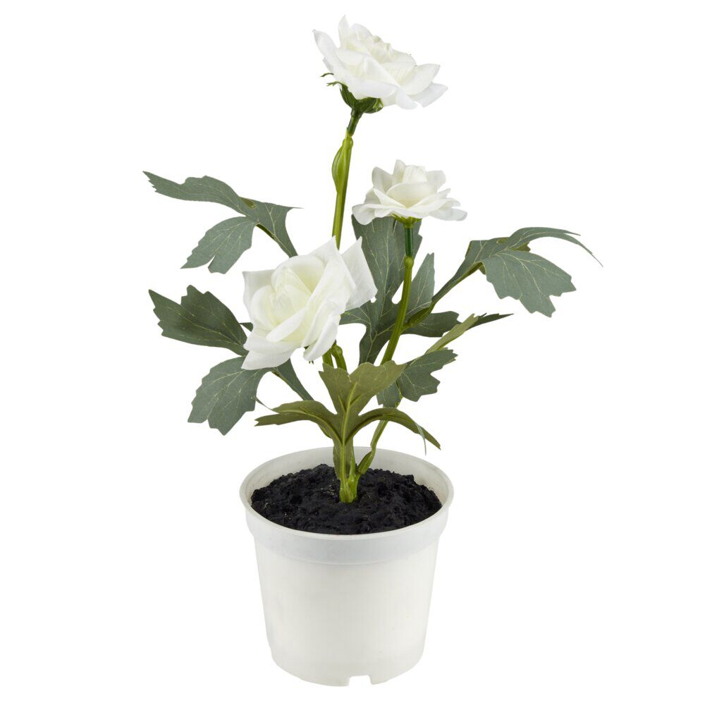 Fleurs artificielles rosier blanc 3 têtes pot plastique noir Ø9,5xH27cm