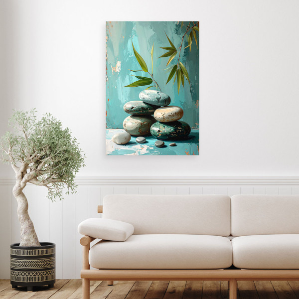 Obraz do salonu sypialni, Kamienie zen spa liście na turkusowym tle 20x30