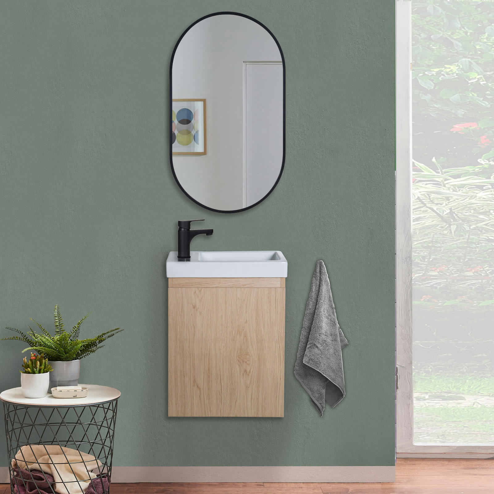 LISA - Meuble lave-mains  décor chêne + robinet noir + miroir ovale