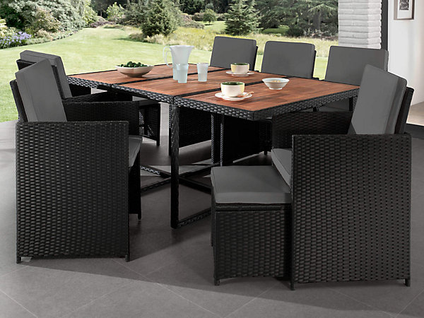 Cuba - Salon de jardin encastrable 10 places - tressée - Noir avec coussins gris   housse de protection - Best Mobilier
