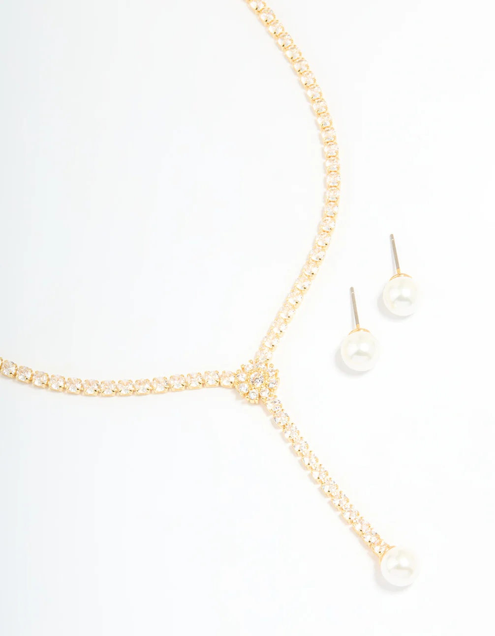 Gold Plated Pearl Flower Cubic Zirconia Y-Necklace & Earrings Set