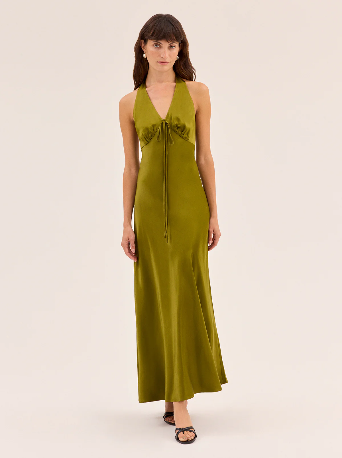 Amalia Olive Satin Halterneck Dress