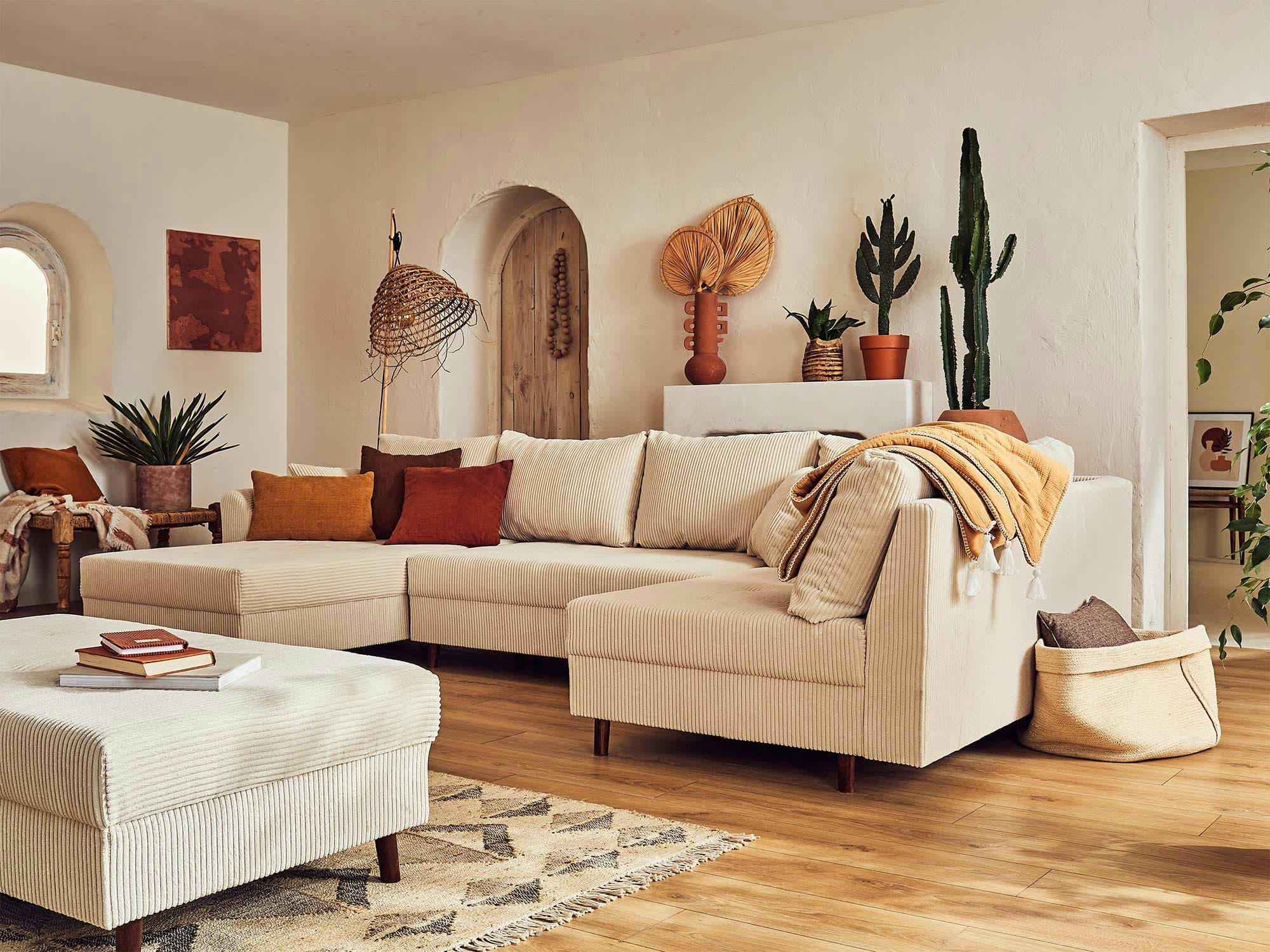 RUNE - Canapé d'angle droit convertible 7 places en velours côtelé beige