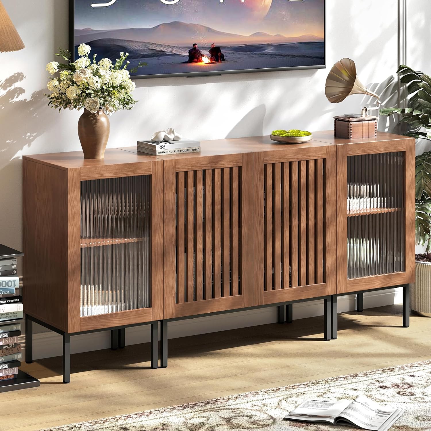 Modern TV Stand for TVs up to 70 Inch, Entertainment Center TV Console with Storage Cabinets and Glass Doors, Media Console for Living Room, Brown