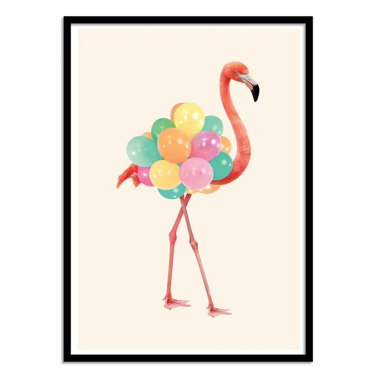 PAUL FUENTES - FLAMINGO PARTY - Affiche d'art avec Cadre bois noir - 50 x 70 cm