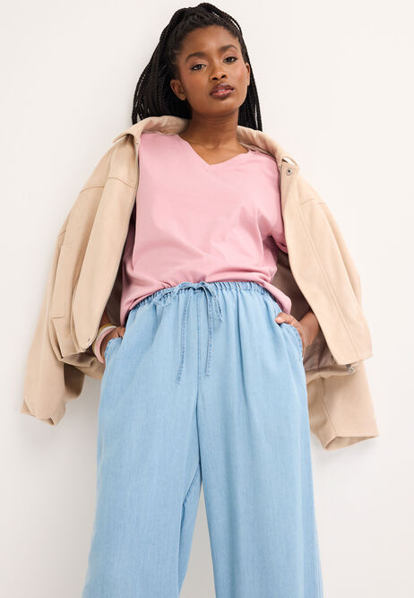 Womens Pink Cotton Roll Sleeve T-Shirt