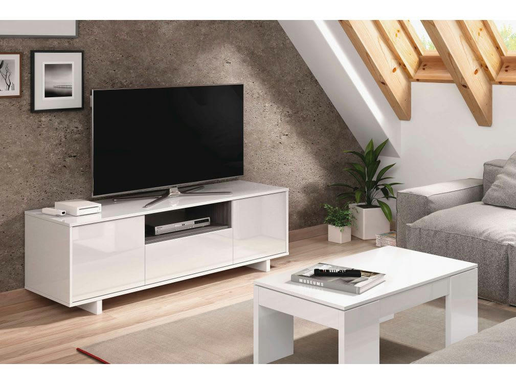 ARTHUR - Meuble TV blanc/gris 3 portes et 1 Niche L150cm