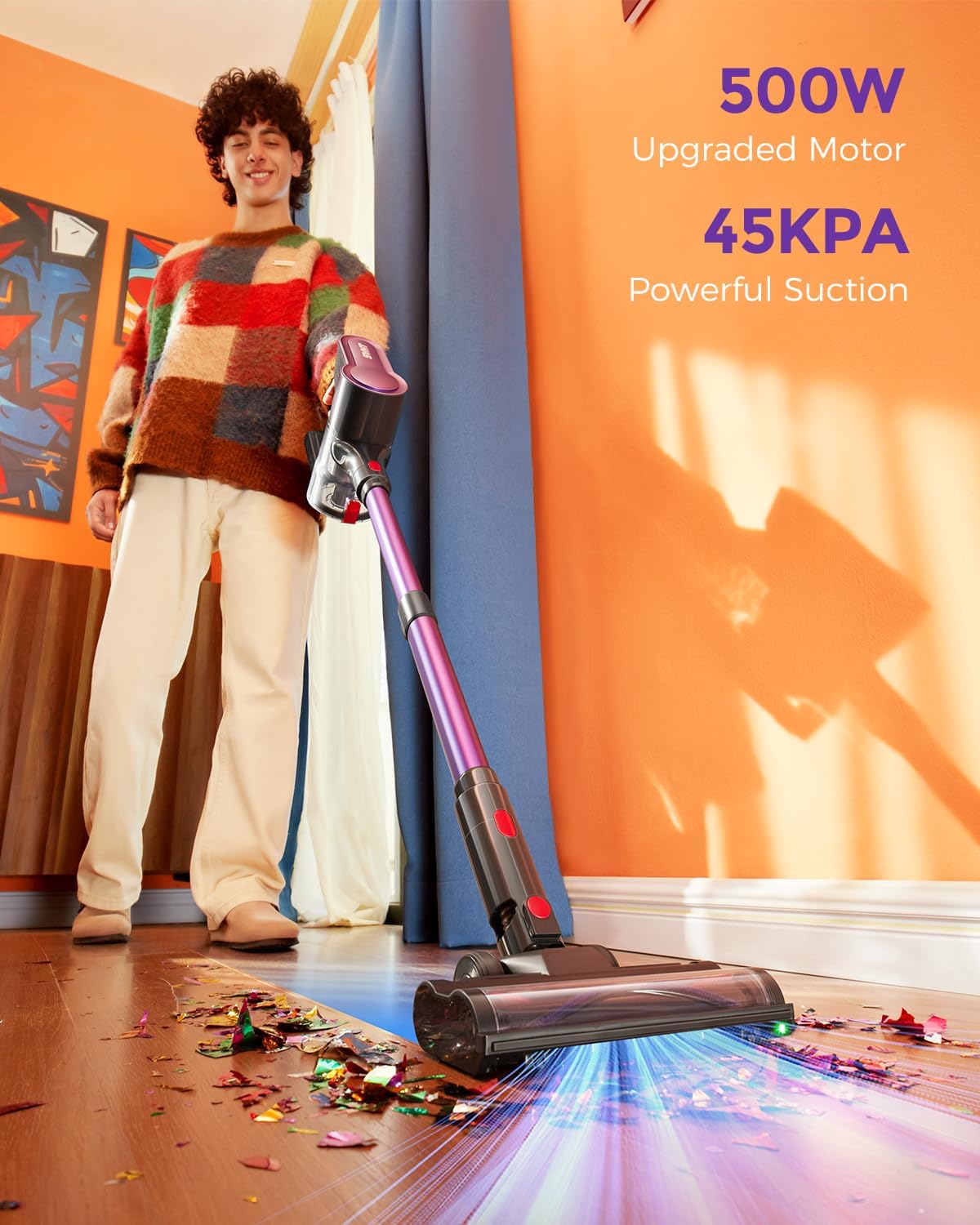 Cordless Vacuum Cleaner, 500W 45KPA 50Mins Stick Vacuum Cleaners for Home with LED Light, Self-Standing, Anti-Tangle Brush & 1.6L Dust Cup, Lightweight Vacuum for Pet Hair, Carpets, Hard Floors