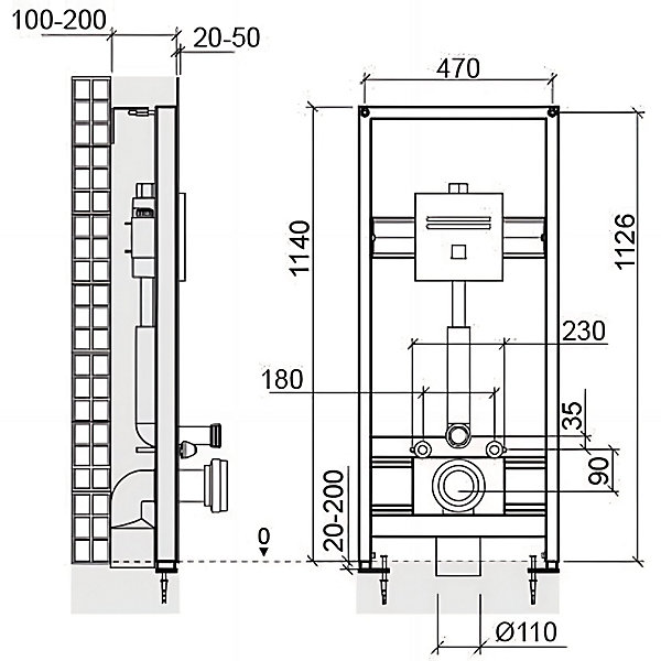 Bâti support pour cuvette de WC suspendu chasse 3/6L automatique livré avec détection infrarouge et son transfo SANINDUSA Plan
