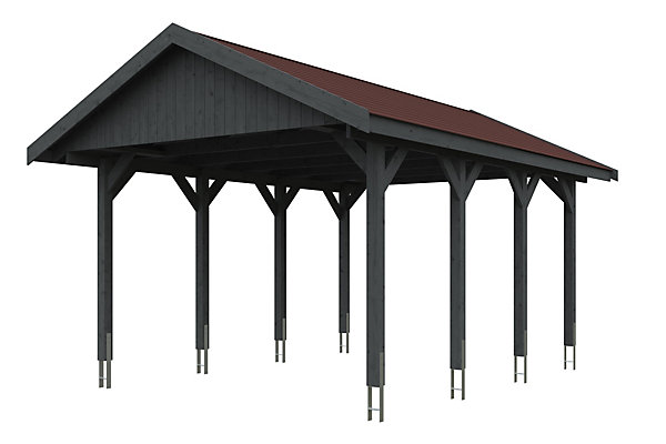 Carport SKAN HOLZ Wallgau 430 x 600 cm, traitement coloré gris ardoise, avec bardeaux rouge