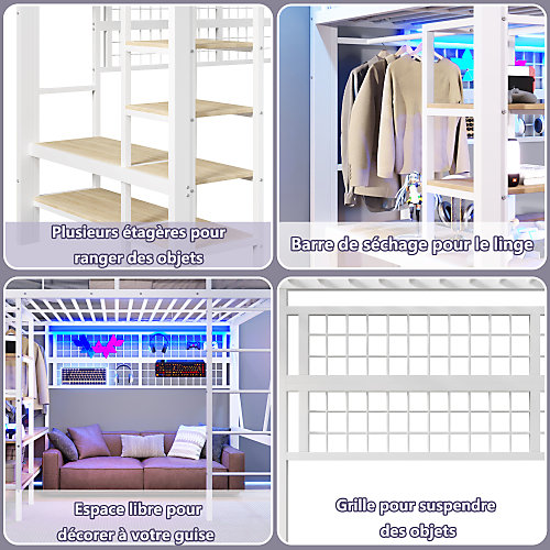 Lit mezzanine 140x200cm - structure en fer - rangements - éclairage LED - blanc (matelas non inclus)