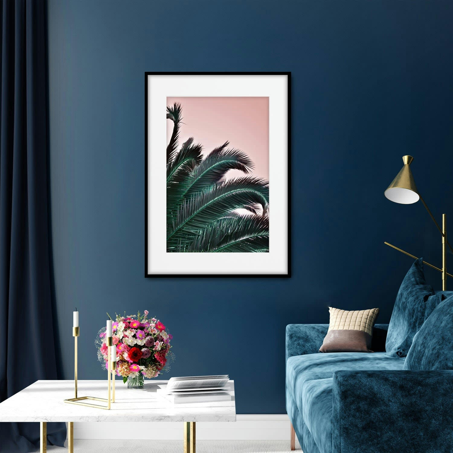 PALMERAS - Affiche avec cadre noir - Feuilles de palmier coucher de soleil