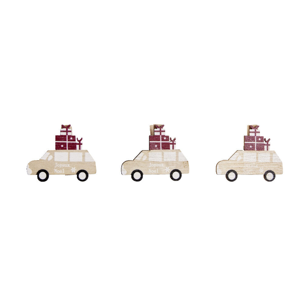 Mini pinces en bois No&euml;l forme voitures 3 pièces